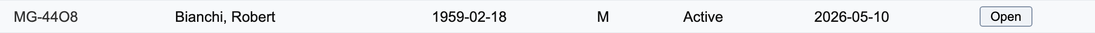 Live row at replay: patient row reading MG-44O8